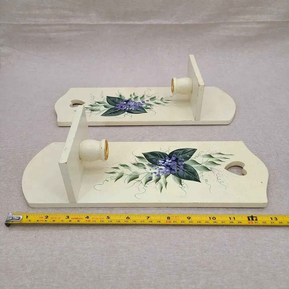 Cottagecore Gallery Wall Accent: Pair Candle Holders Handpainted Floral Purple